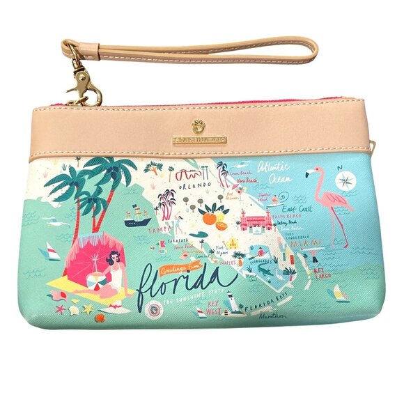 Spartina 449 Wristlet Greetings From Florida Purse Zip Top Tropical Blue Pink - Picture 1 of 7